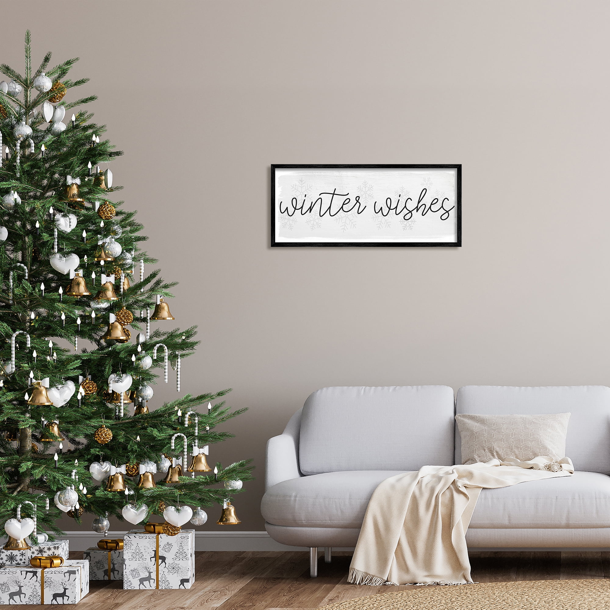 Stupell Industries Winter Wishes Sentiments Geometric Snow Flakes Cursive Typography Graphic Art Black Framed Art Print Wall Art, 30x13, by Daphne Polselli
