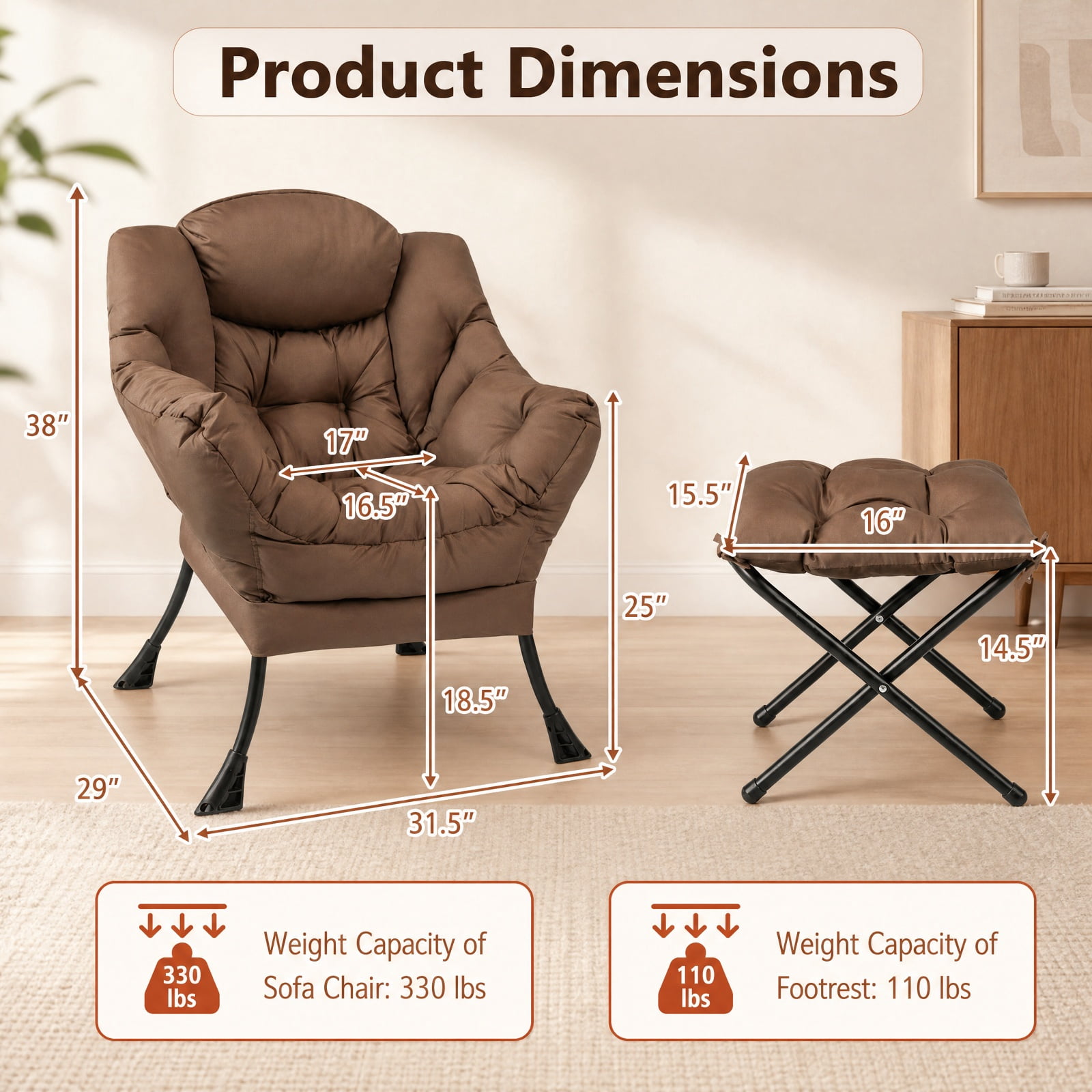 Furnibear Modern Accent Sofa Chair with Folding Footrest and Side Pocket for Living Room Bedroom and Balcony Reading Nook, Brown