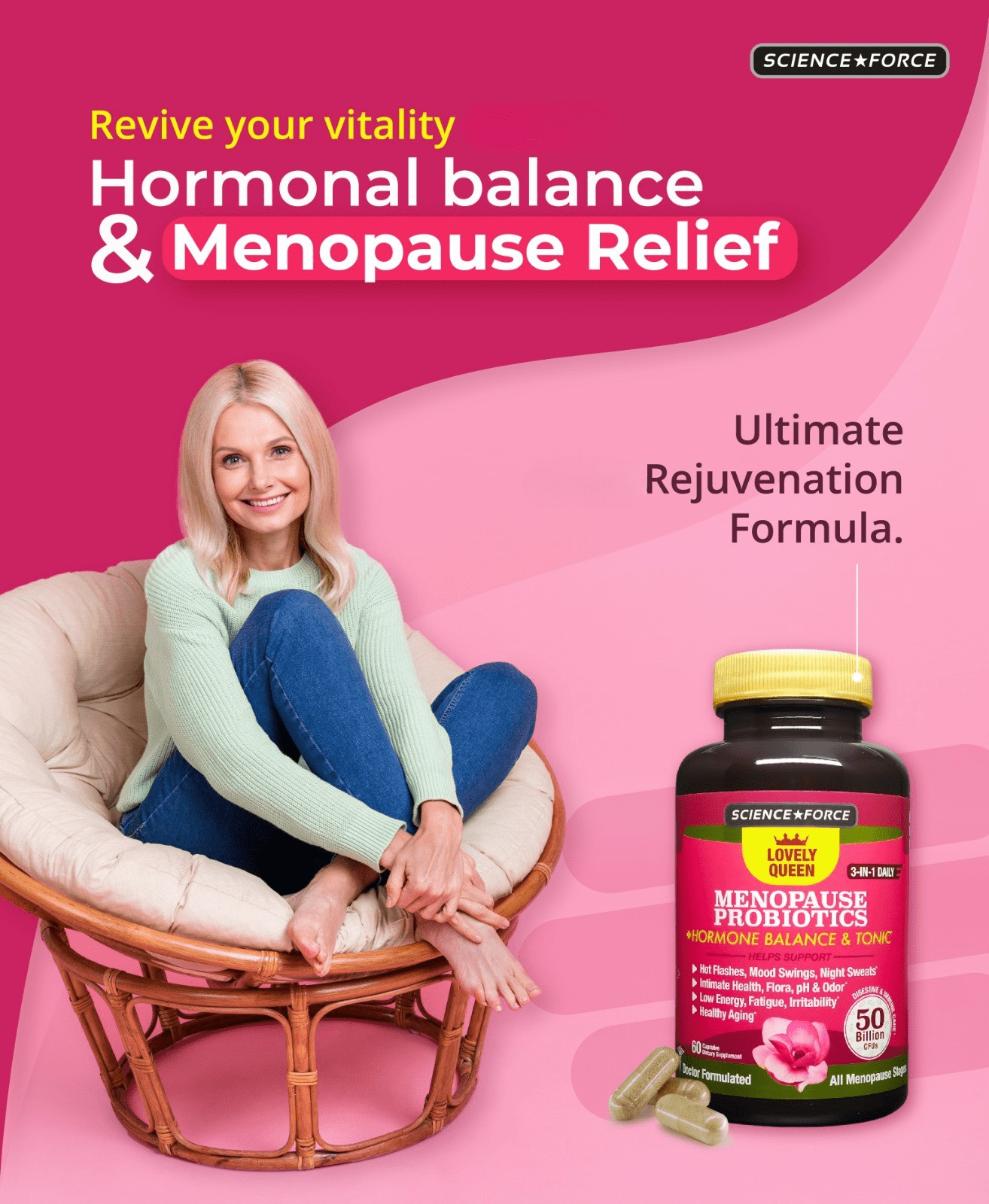 Lovely Queen Menopause Relief + Hormone Balance, Hot Flashes, Mood Swings, Night Sweats + Vaginal Health, Odor, pH & Dryness, 3-in-1 Women Supplement, 50 Billion CFU, 60 ct