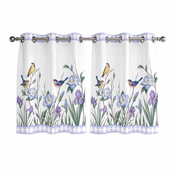 Spring Flowers Kitchen Curtains Window Panels, Vintage Blue Floral Leaves Birds Rustic Plants Insulated Window Treatment Curtain, Grommet Curtains for Bedroom/Living Room/Bathroom, 2 Piece 52"Wx45"L