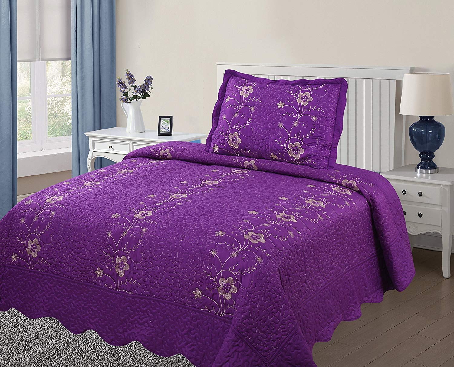 Details about   Purple Floral 100% Cotton Quilt Bedspread Bedding Set Bed Spread Pillow Shams 