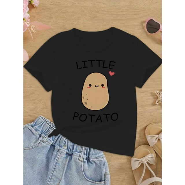T-Shirts Décontractés Imprimé Pomme de Terre Dessin Animé, Col Rond Manches Courtes Doux et Confortable, Hauts d'Été pour Filles