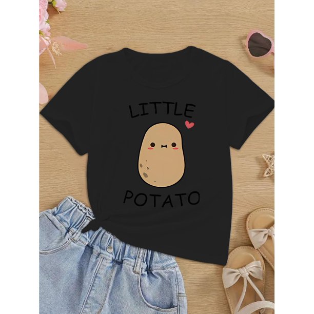 Camisetas casuales con estampado de dibujos animados de papas, camisetas suaves y cómodas de manga corta con cuello redondo, tops de verano para niña