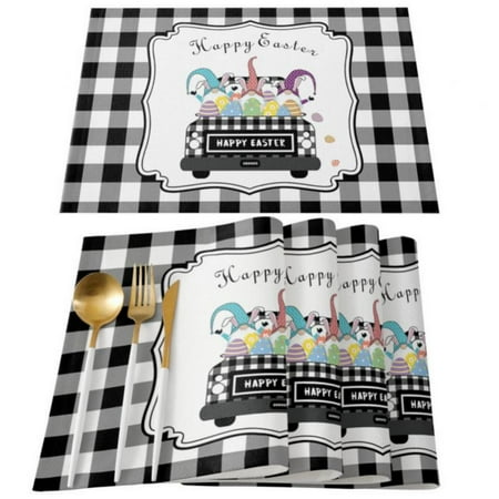 

Easter Placemats Set of 4 Cotton Linen Heat Resistant Table Mats Non-Slip Washable Happy Easter Eggs Bunny Buffalo Truck Wood Grain Placemat for Holiday Banquet Dining Kitchen Table Decor