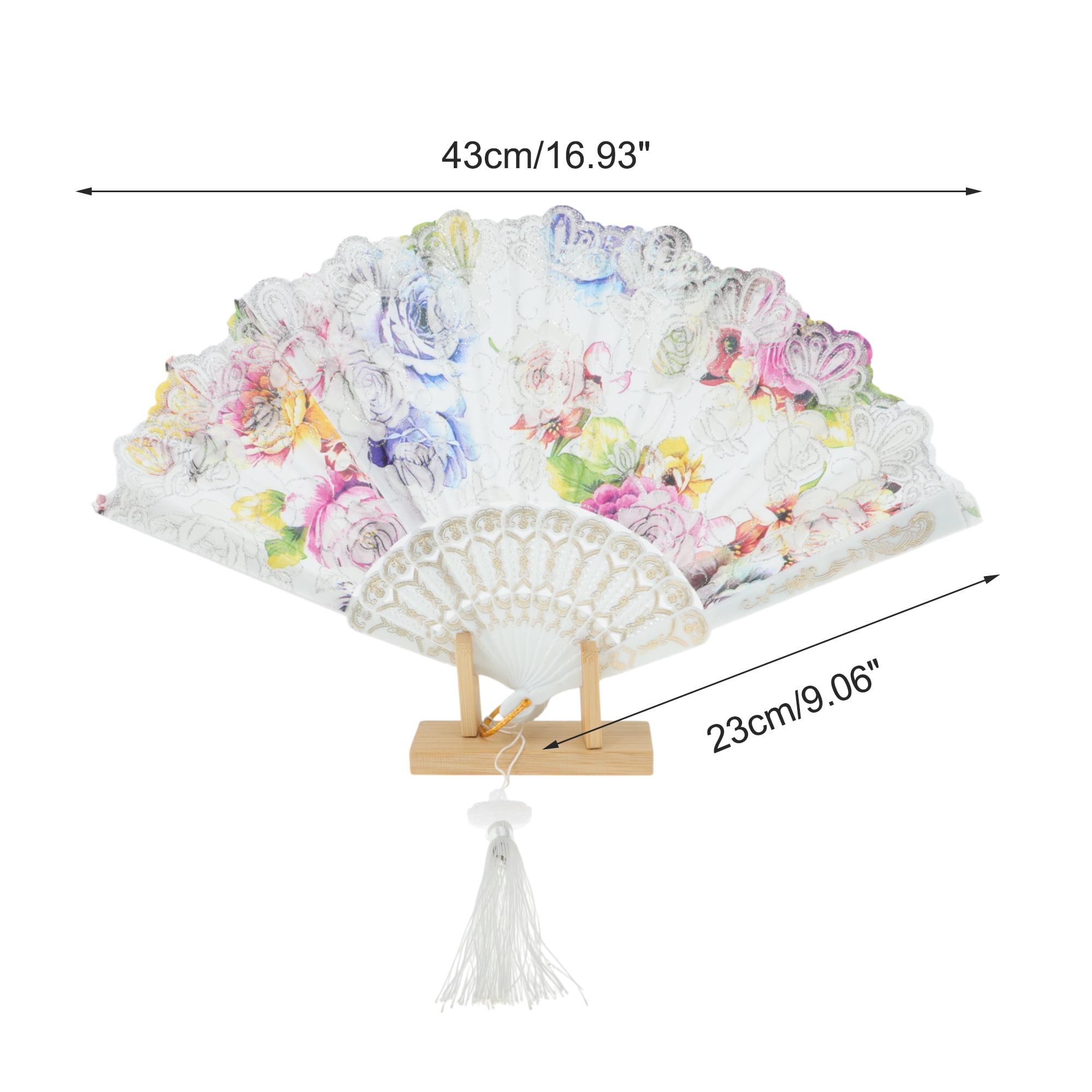 Unique Bargains Rose Print With Tassel Folding Fan 1 Pc For Summer Decorations White