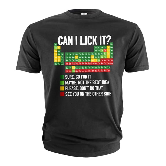 Men's funny periodic table chemical elements guide T-shirt can I lick it guide funny chemistry tee