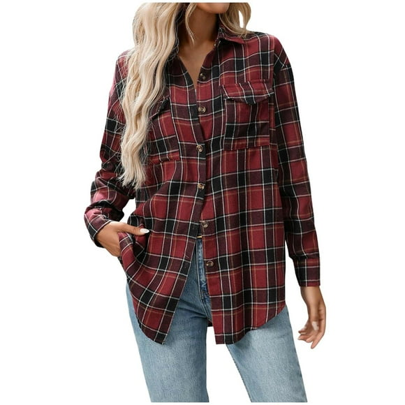 ZJXFGS Flannel Shirt Women Oversized Womens Flannel Jacket Womens Plaid Flannel Shirts Fall Shackets for Women 2025 Red 2XL