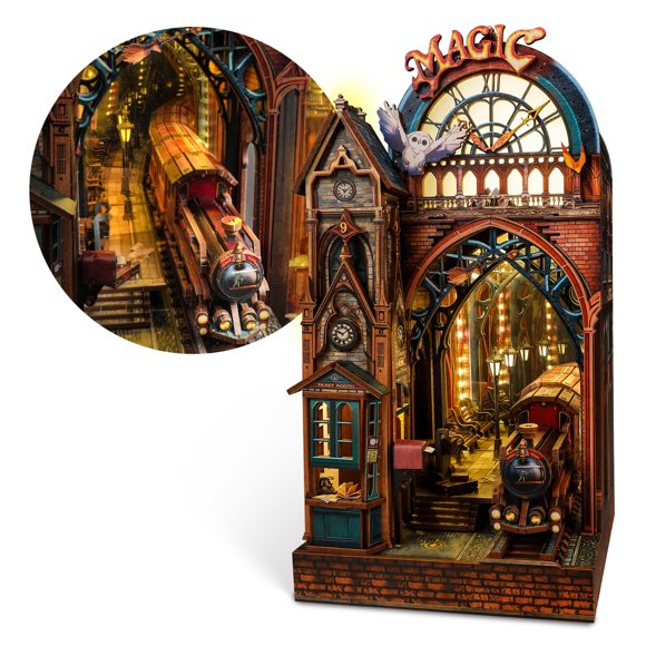 FUNPOLA LED 3D Puzzle Magic Station Book Nook Kit - Interactive 3D Wood Puzzle LED Magical Miniature with Infinite Extension Space - DIY Bookshe