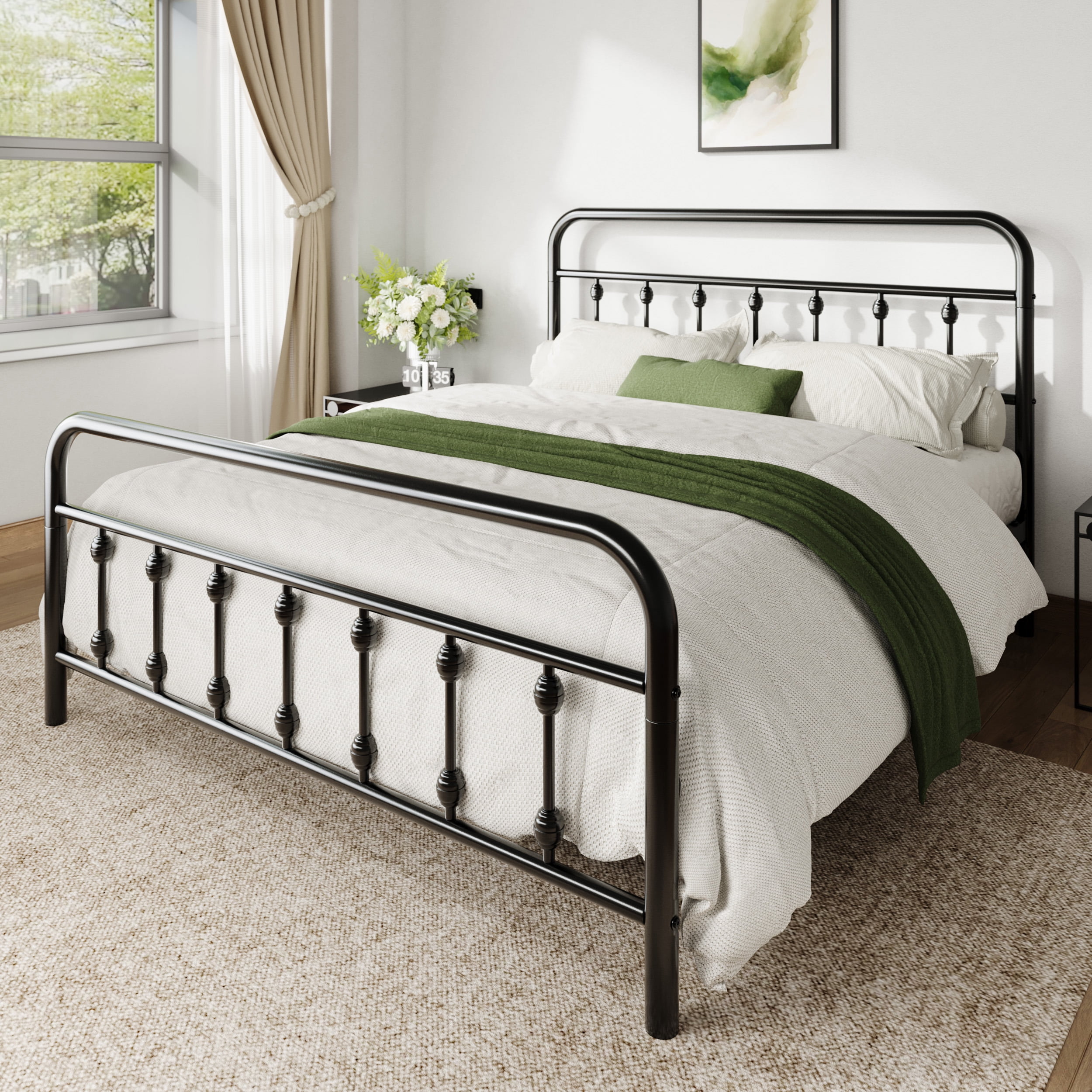 Allewie Full Metal Platform Bed Frame with Vintage Pattern Headboard/Footboard, No Box Spring Needed, Black