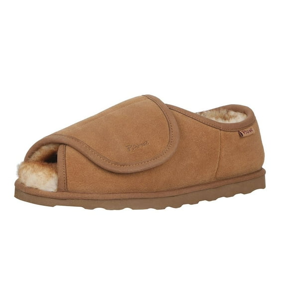 Pamir Men's Ajustable Sheepskin Open Toe Slippers with Memory Foam Indoor Outdoor Chestnut Size 10