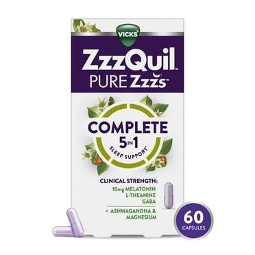 Vicks ZzzQuil Pure Zzzs Sleep Aid, 5-in-1 Capsules with Melatonin 10mg and Magnesium, 60 Count