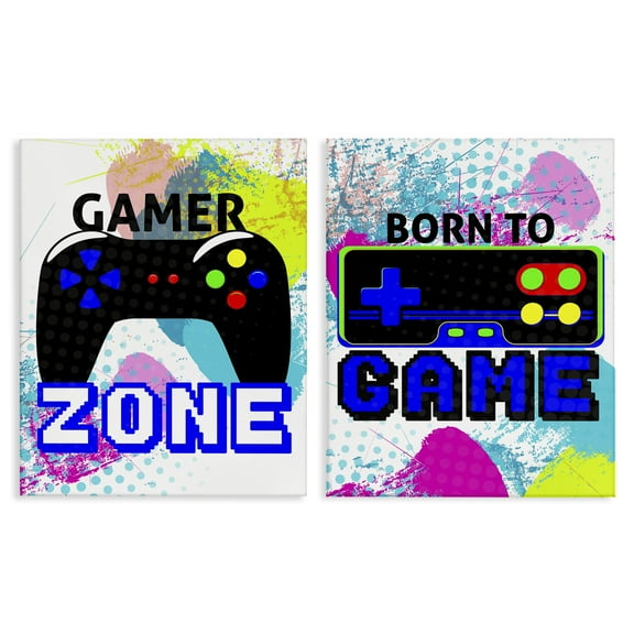 Stupell Industries Gamer Zone Splash Remote Entertainment Painting Wrapped Canvas Art Print Wall Art, 16 x 20, Set of 2