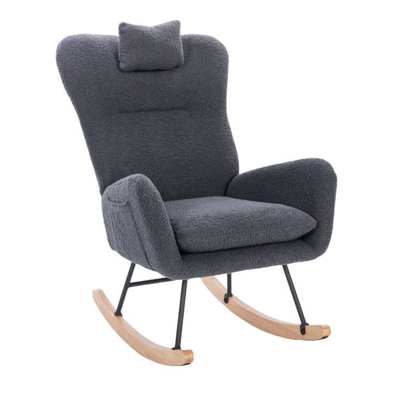 Lisonu Modern Rocking Chair, Upholstered High Back Accent Rocker, Cozy Teddy Fabric Glider for Living Room, Bedroom or Lounge, Ergonomic Armchair with Wood Base, Dark Grey
