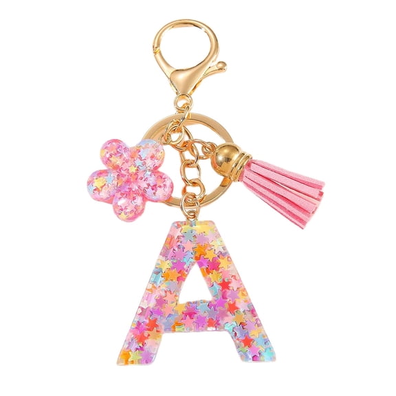 Gierzijia Color Star Sequins Flower Tassel A-Z Alphabet Resin Keychain, Initial Letter Key Ring Accessories Bag Charms