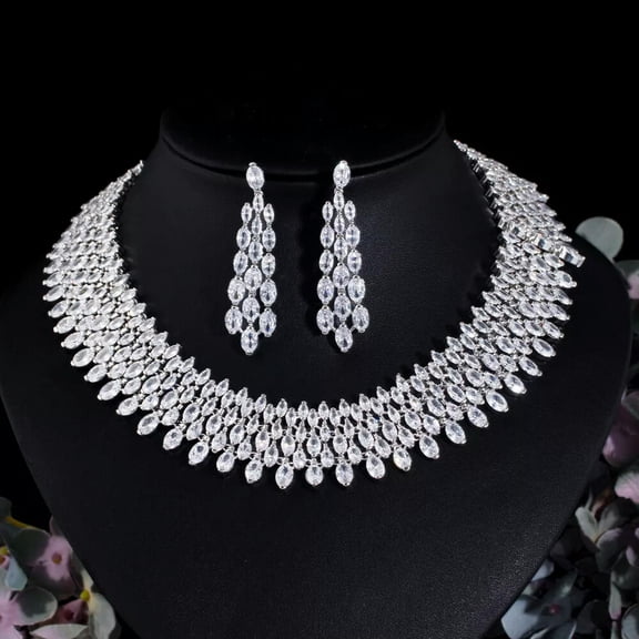 Gorgeous Silver Plated White CZ Leaf Tennis Earrings Wide Necklace Jewelry Set
