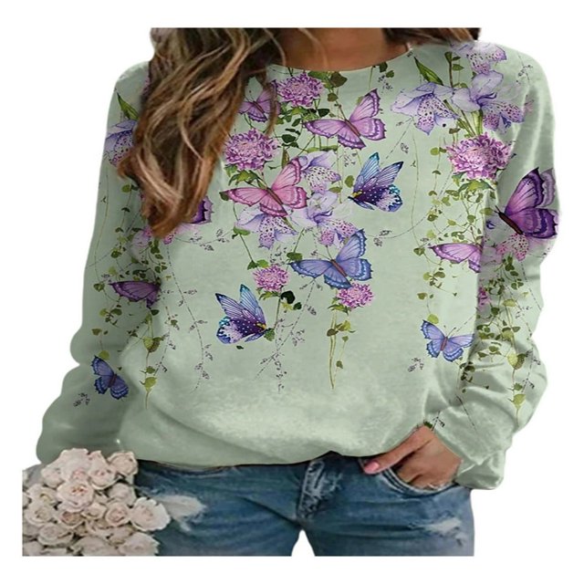 QJUHUNG Sweat-Shirt Décontracté à Manches Longues pour Femmes Papillon Imprimé Graphique Floral Pull Léger