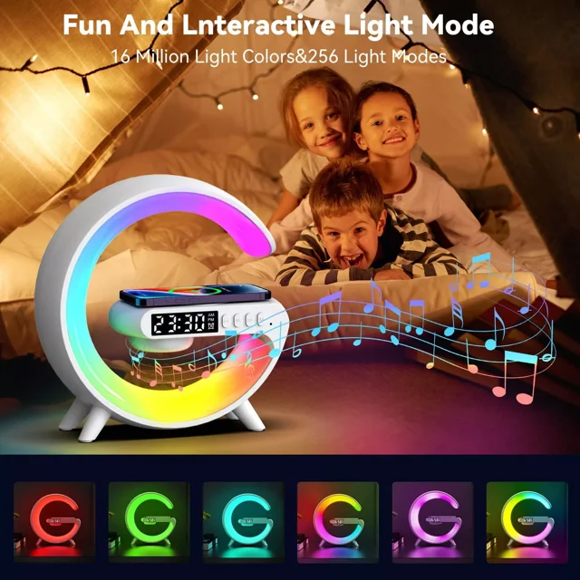Wadan Mini Chargeur de Haut-Parleur Sans Fil Intelligent Rapide en Forme de g, 10 Types d'Effets Lumineux, Lampe Veilleuse, Machine Sonore Réveil Lumineux Réveils avec Alarme Audio Bluetooth