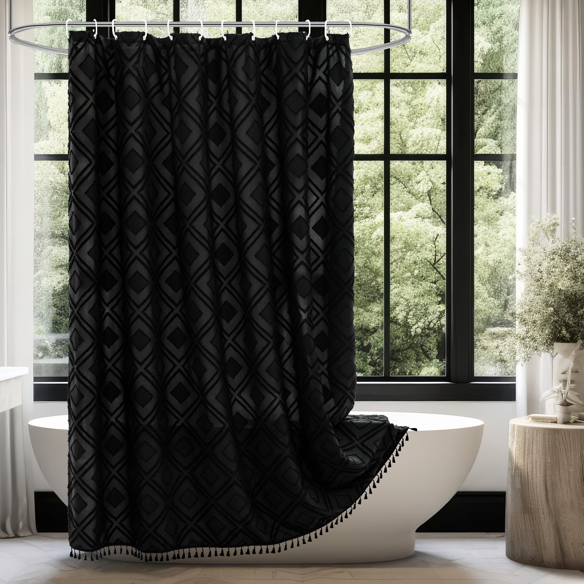 Inosoo Black Bohemian Shower Curtain, 72 x 84 Inch Extra Long Water-repellent Textured Tufted Chevron Striped Bathroom Shower Curtains with Tassels