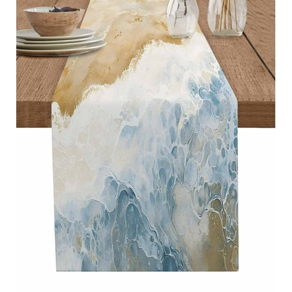 Abstract Ocean Table Runner-Cotton Linen- 36 Inch Holiday Dresser Scarves, Blue Brown Seascape Waves Beach Art Tablerunner for Kitchen Coffee/Dining Bedroom Home Living Room Dinner Scarf Décor 13x36