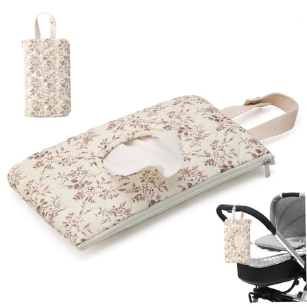 Portable Mommy Bag for Stroller, Refillable Floral Baby Wipe Holder Quilted Wipe Pouch with Lanyard for Casual Travel