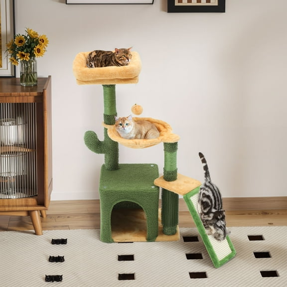 Dextrus 37" Tall Cactus Cat Tree Tower,Indoor Cat Condo with Self-Grooming Brush, Plush Platform, Hammock, Sisal Scratching Posts, and Toy Balls,Green