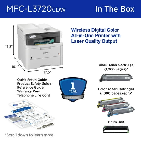 Brother - MFC-L3720CDW Wireless Digital Color All-in-One Printer with Laser Quality Output and Refresh Subscription Eligibility - White