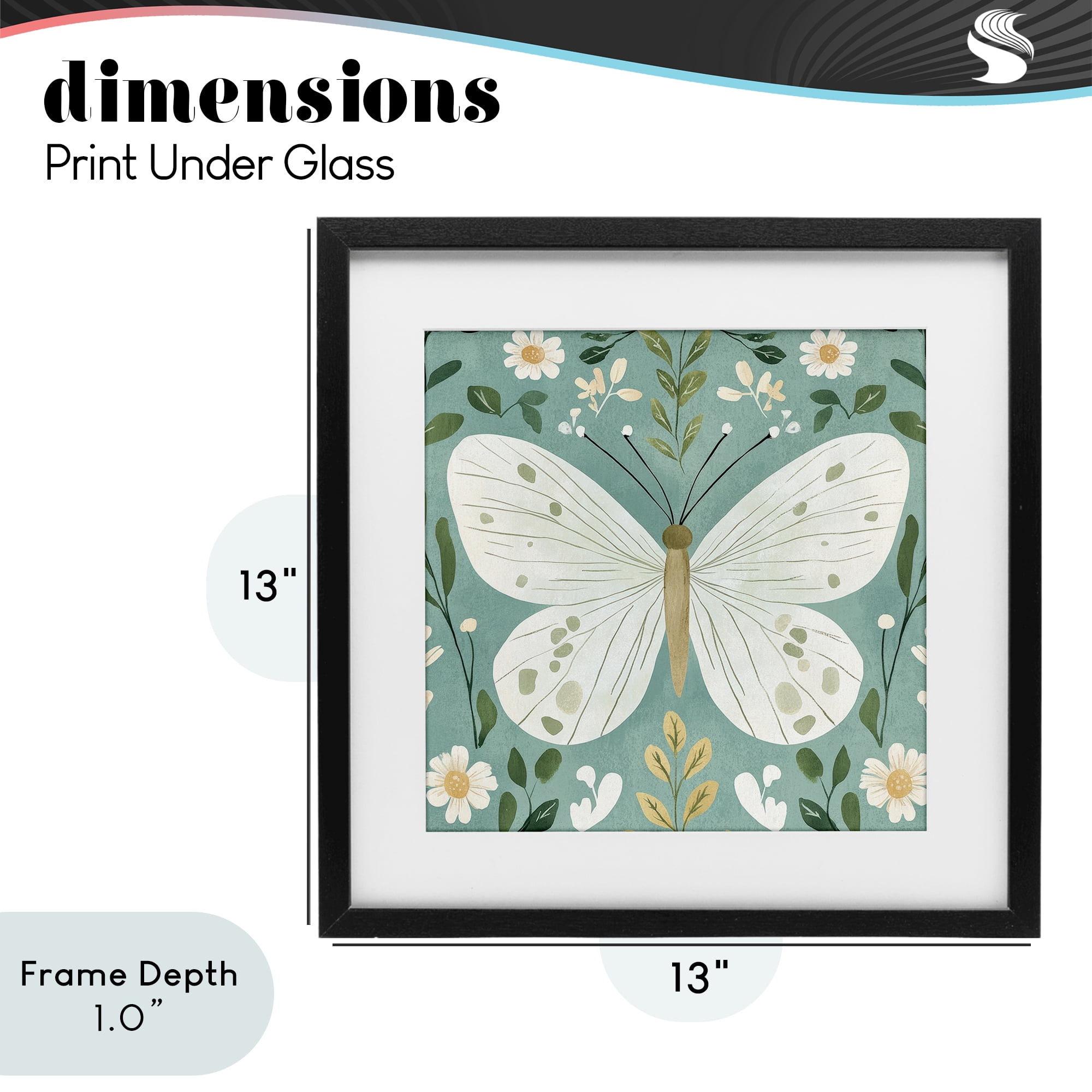 Stupell Industries Teal Butterfly Garden with Daisies Black Framed Print Under Glass, design by Petal Prints Design