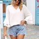thumbnail image 2 of Blusa con escote en V y mangas con volantes: blusa informal en blanco puro para la oficina y los viajes, talla S, elegante para el verano, 2 of 6