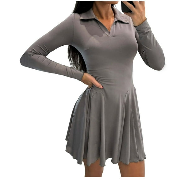 SMihono Long Sleeve Casual Dresses for Women 2025 Fall Lapel Collar V Neck A Line Pleated Swing Cocktail Party Mini Dress Gray S