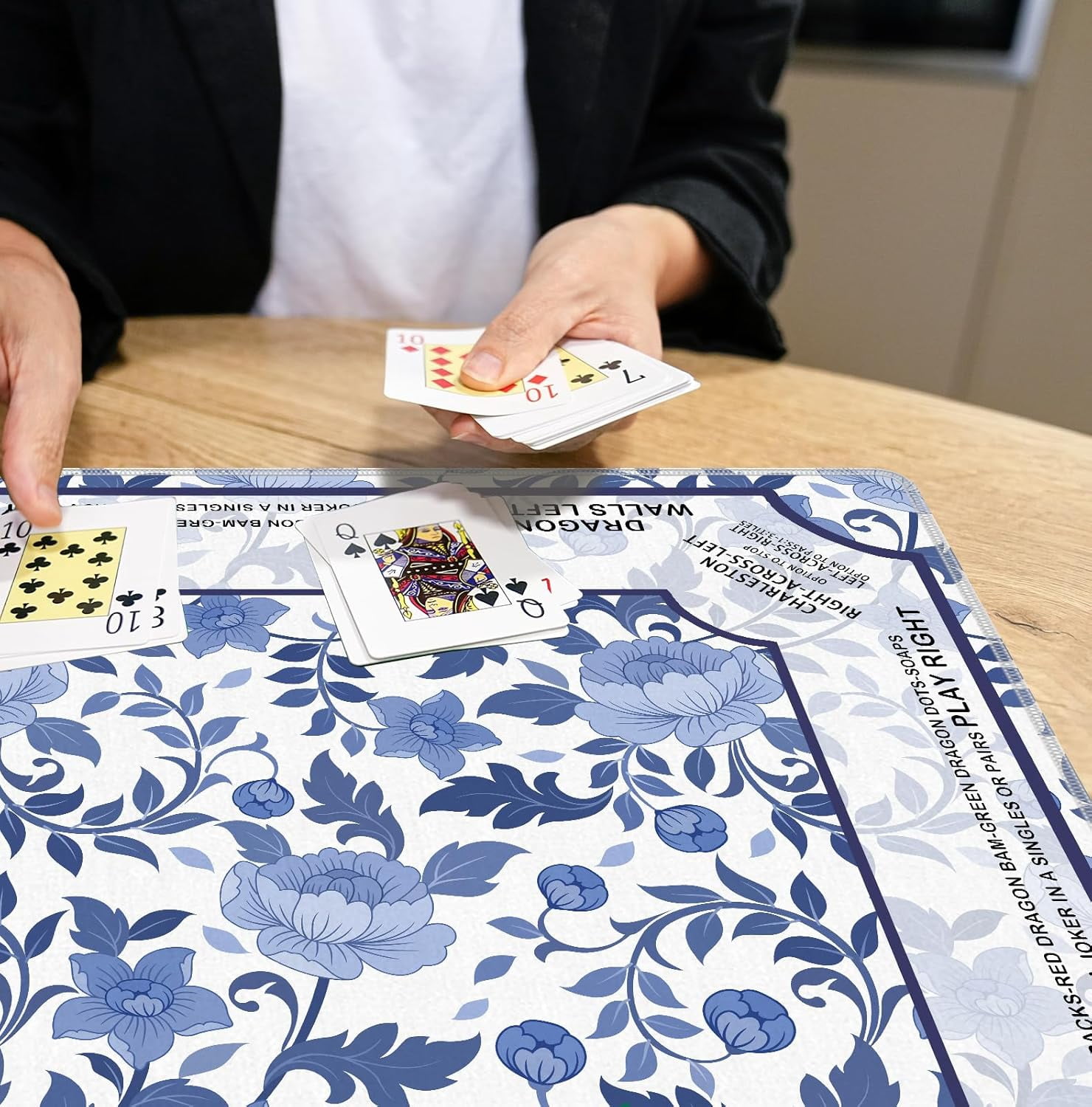 Blue and White Chinoiserie Floral Bird Mahjong Mat 31.5 x 31.5 Inch, Traditional Chinese Non-Slip Noise Reduction Mahjong Table Mat for American Mah Jong Poker Card Board Games Dominoes