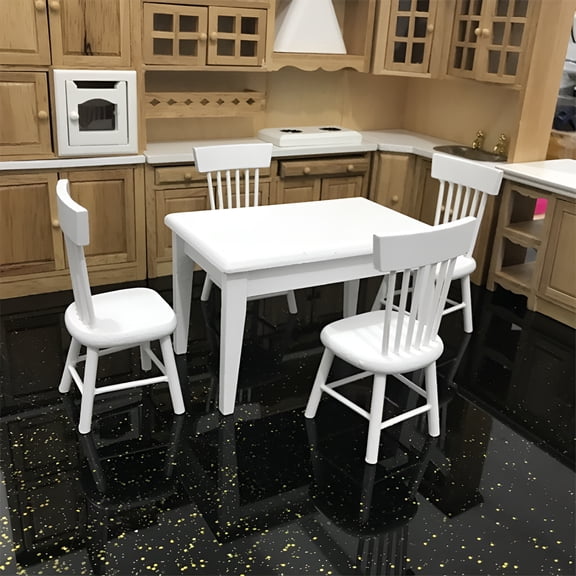 BESTSKY 1:12 Dollhouse Miniature Furniture Wooden White Dining Table Chair Model Set