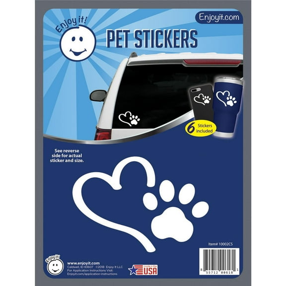 Enjoy It Pet Sticker, Heart and Paw Car Decal, 6 pack