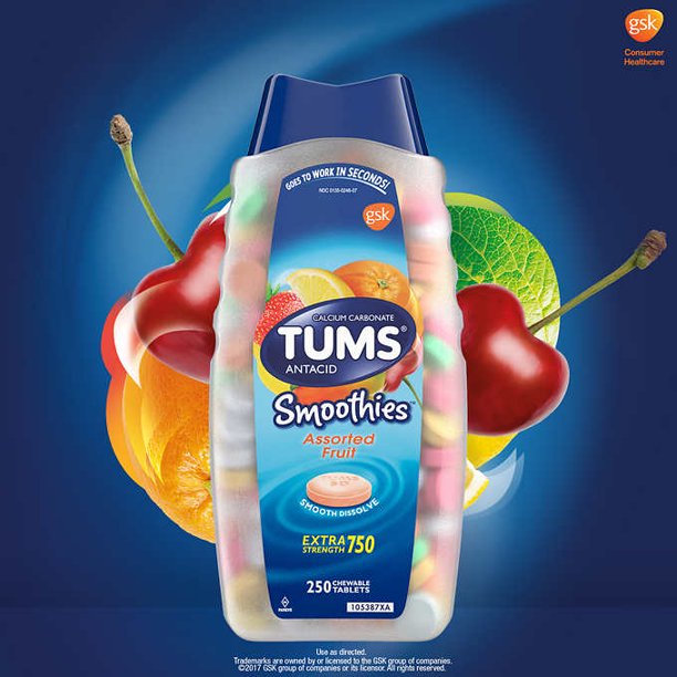 TUMS Extra Strength Smoothies 250 Chewable Tablets (PACK OF 2