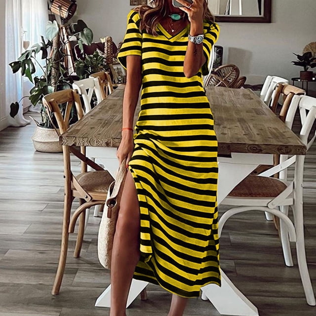 WILLBEST Vestidos con Curvas para Mujer, Vestido Largo de Verano A Rayas, Manga Corta, Cuello En V, Informal, Suelto, Largo, para Playa, con Abertura Chica