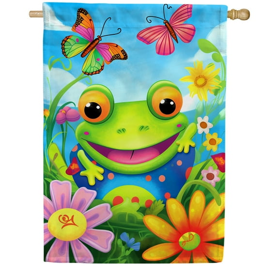 America Forever Spring Summer Frog House Flag 28 x 40 inch Double Sided Whimsical Froggy Fun Butterfly Green Frog Yard Outdoor Porch Decoration