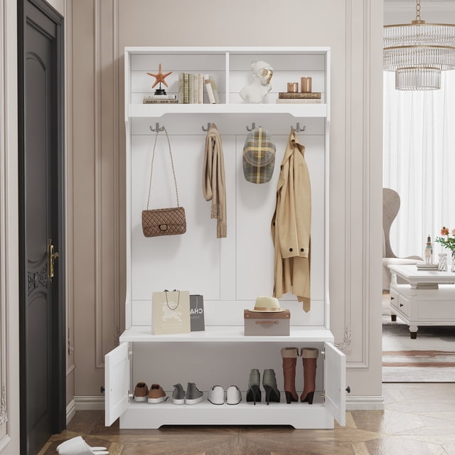 Noble House 72" Coat Rack,Entryway Shoe Cabinet & Hall Tree Multifunctional,White
