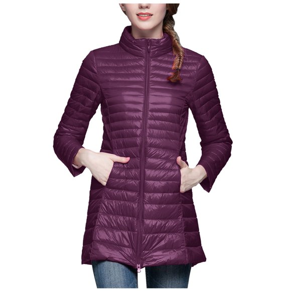 Women Winter Coat Full Zipper Coat Down Jacket Slim Long Sleeve Overcoat Jacket Midi Coat With Pockets Women'S Parkas Purple Xl