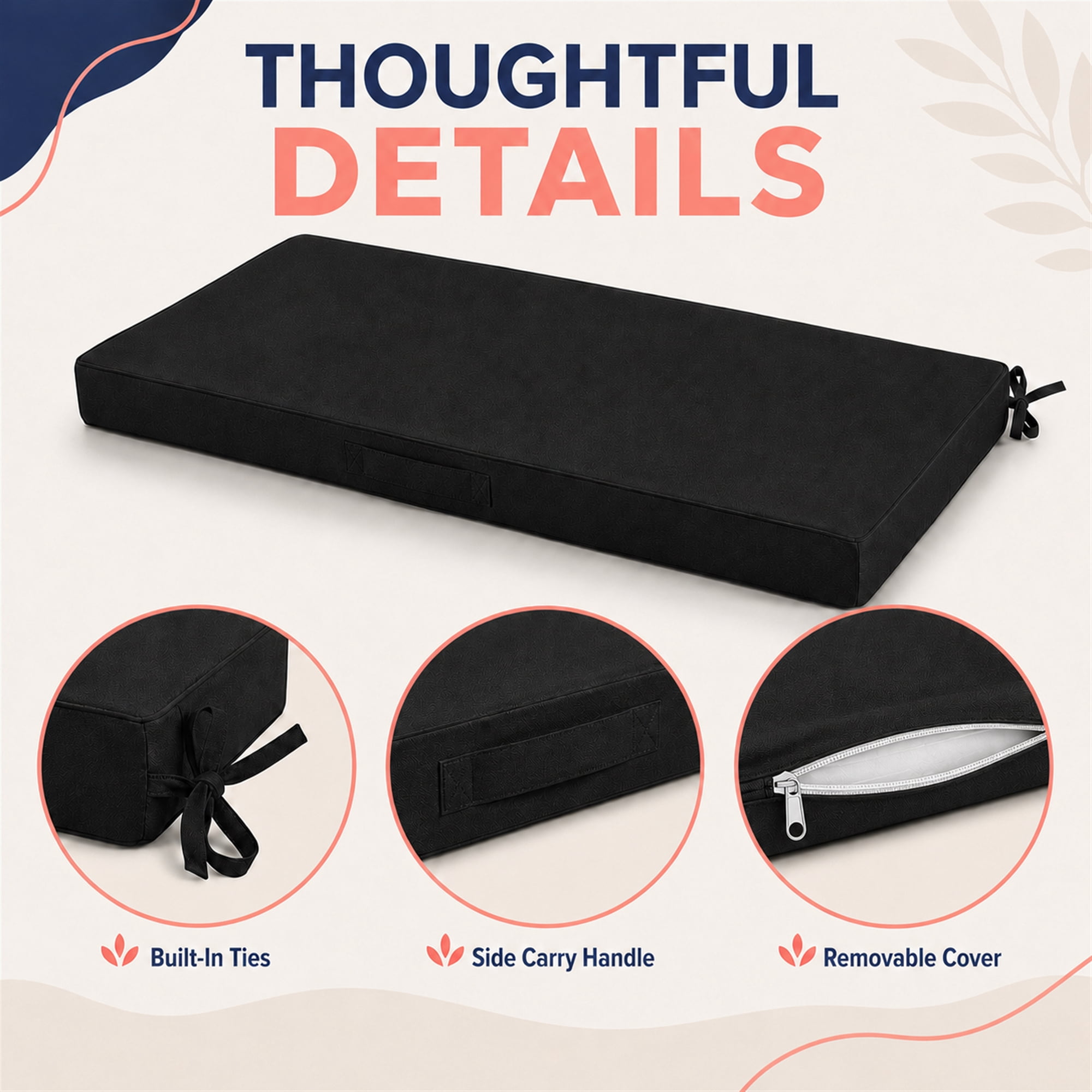 Millsilo 42" x 18" x 3" Outdoor Bench Cushion with Removable Cover, Water-Repellent UV Fade-Resistant Patio Cushion, High-Density Foam, Non-Slip Ties, Black