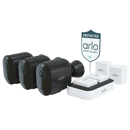 Arlo Pro 4 Wall Mount 2k 3 Channels Spotlight Camera with (3) Pro 4 Cameras, (4) Rechargeable Batteries, Dual Battery Charging Station, Black, 3