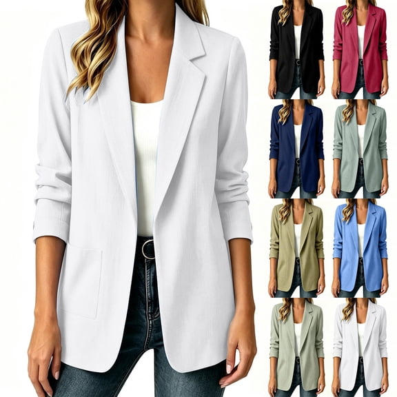 Sahpxhe Blazers for Women Cotton Linen Open Front Lapel Long Sleeve Loose Casual Blazer Jacket for Vacation Travel White S