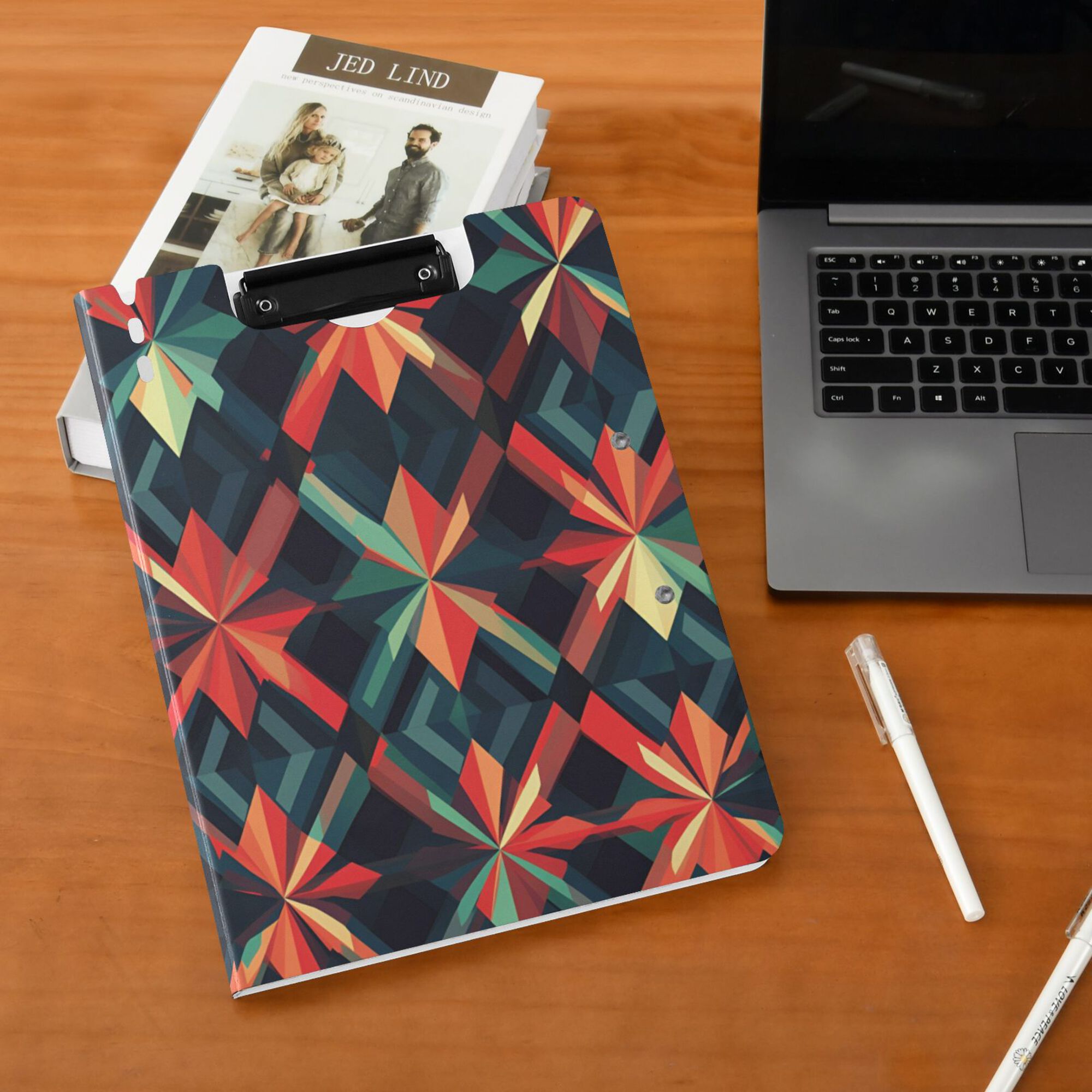FORMRS A4 Clipboard Folder with Pen Holder Horizontal Foldable School Office Binder, Red Abstract