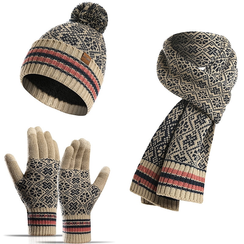 Beanie Hat Scarf Gloves Set Winter Warm Hat Scarves Gloves Set Knitted Hat Neck Warmer Snood Touch Screen Gloves for Men and Women Outdoor Sports Activities Best Gift 