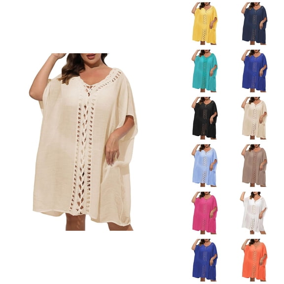 Swimsuit Coverup for Women Plus Size Short Sleeve V Neck Loose Crochet Knee Length Dress Beach Cover Up Bathing Suit Dress