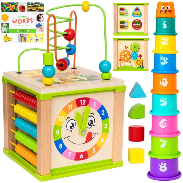 TOYVENTIVE Cubo de actividades de madera, juguetes Montessori, juguete sensorial educativo multiusos para bebés de 1 a 2 años, niños pequeños, niños | Regalo de cumpleaños | Libro adicional de primera