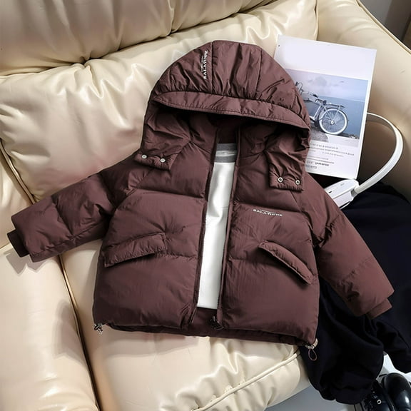 Kids Winter Coat,Kids Puffer Jacket with Pocket Zip up Hooded Coat Solid Color Long Sleeve Puffer Jacket Kids Boys Size 7-8 Years Winter Coat