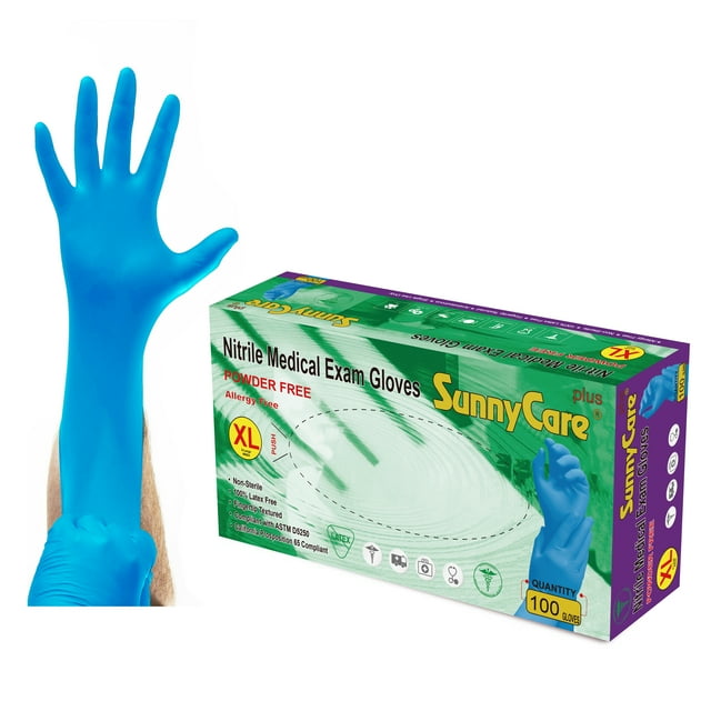 100 SunnyCare Blue Nitrile Medical Exam Gloves Powder Free (Non Vinyl
