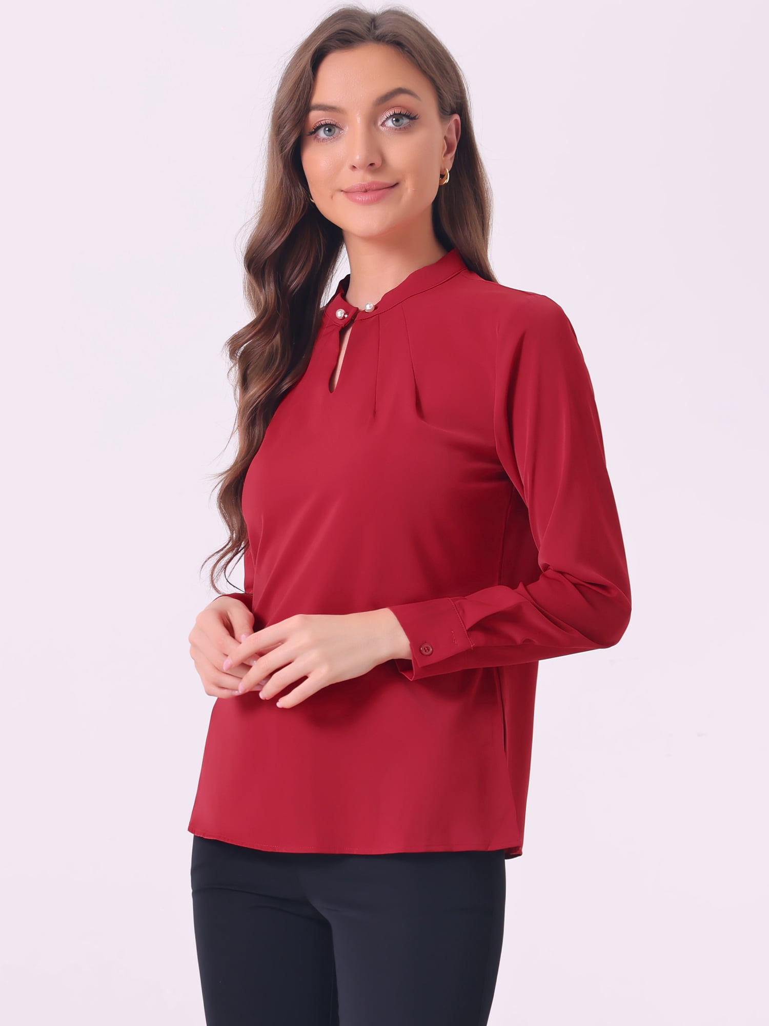 DARING DIVA Women's Pleated Mock Neck Pearl Decor Work Blouses XS Burgundy