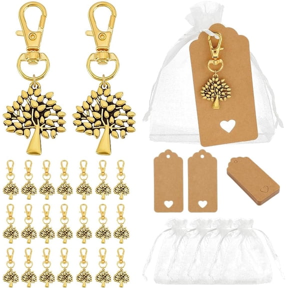 24 Sets Tree of Life Keychain Favor Wedding Favors Organza Gift Bags Baptism Party Favors Small Mesh Bags Golden Tree Keyring with Tags for Party Guest Return Baptism Bridal Shower Gift diy