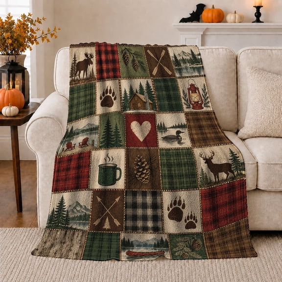 Rustic Wilderness Lodge Patchwork Moose Pine Tree, Peaceful Mountain Lake Scene, Warm Flannel Blanket for Cabin and Lodge, Outdoor Lovers person's Day Gift, Artistic Home Decor