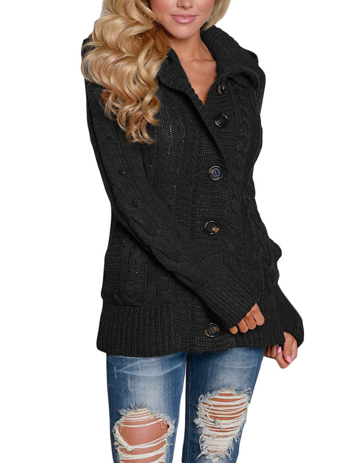 Eytino Hooded Cardigan Sweaters for Women Fleece Lined Sweater Button Down Cable  Knit Cardigan Coat - Walmart.com